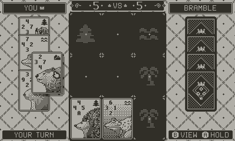Pressing B on a card in hand opens a box over the board with its ability.