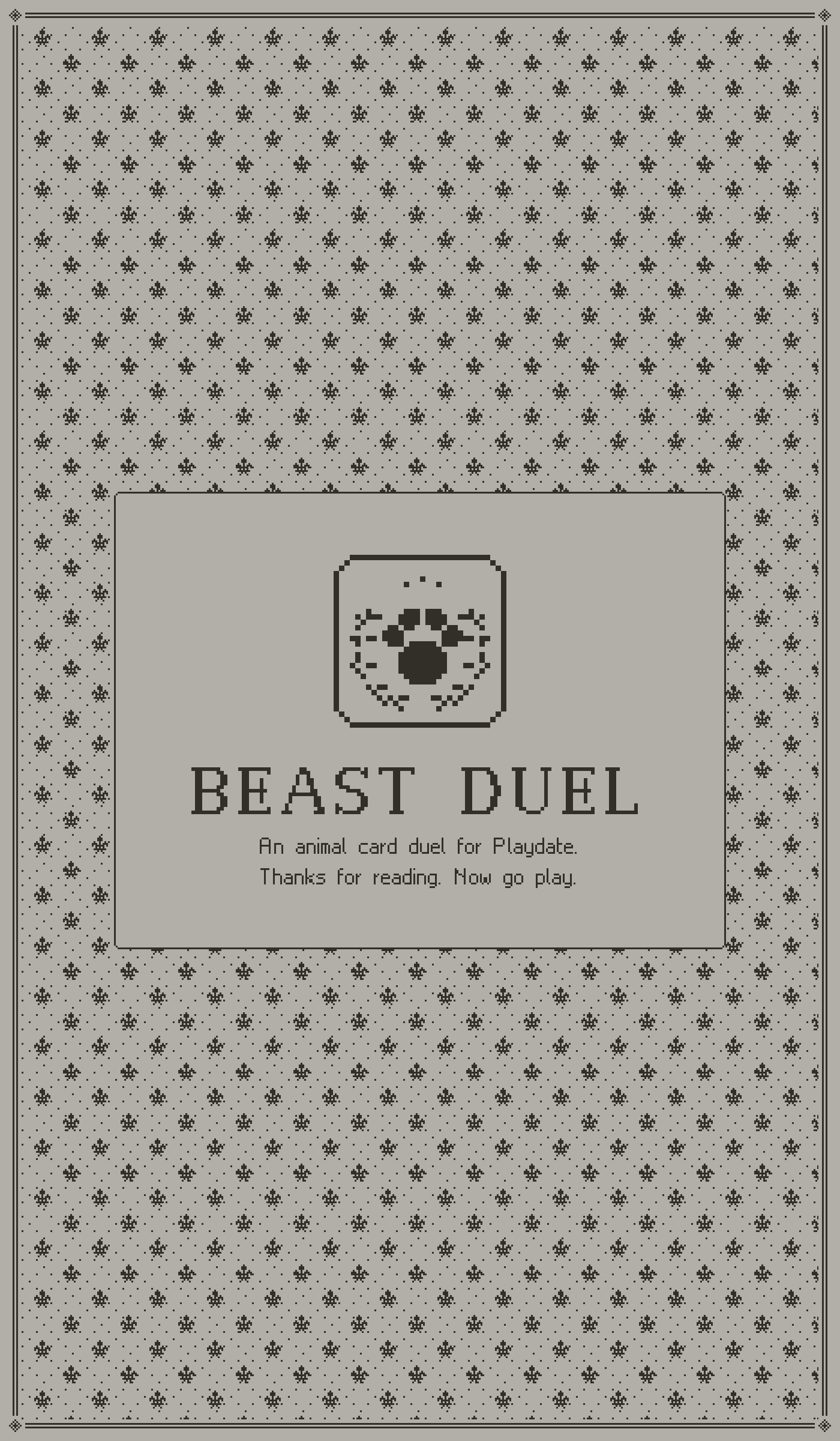 Back cover. Beast Duel, an animal card duel for Playdate.