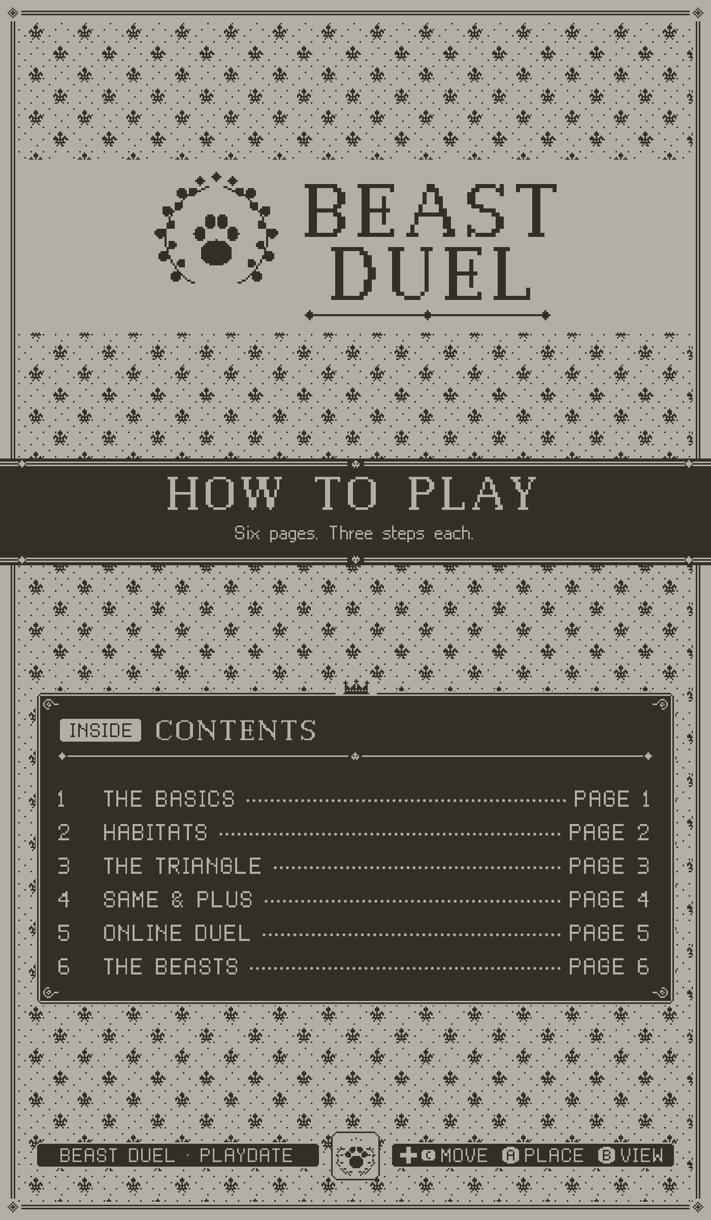 Beast Duel, how to play. A six-page manual: the basics, habitats, the triangle, Same and Plus, online duel and the beasts.