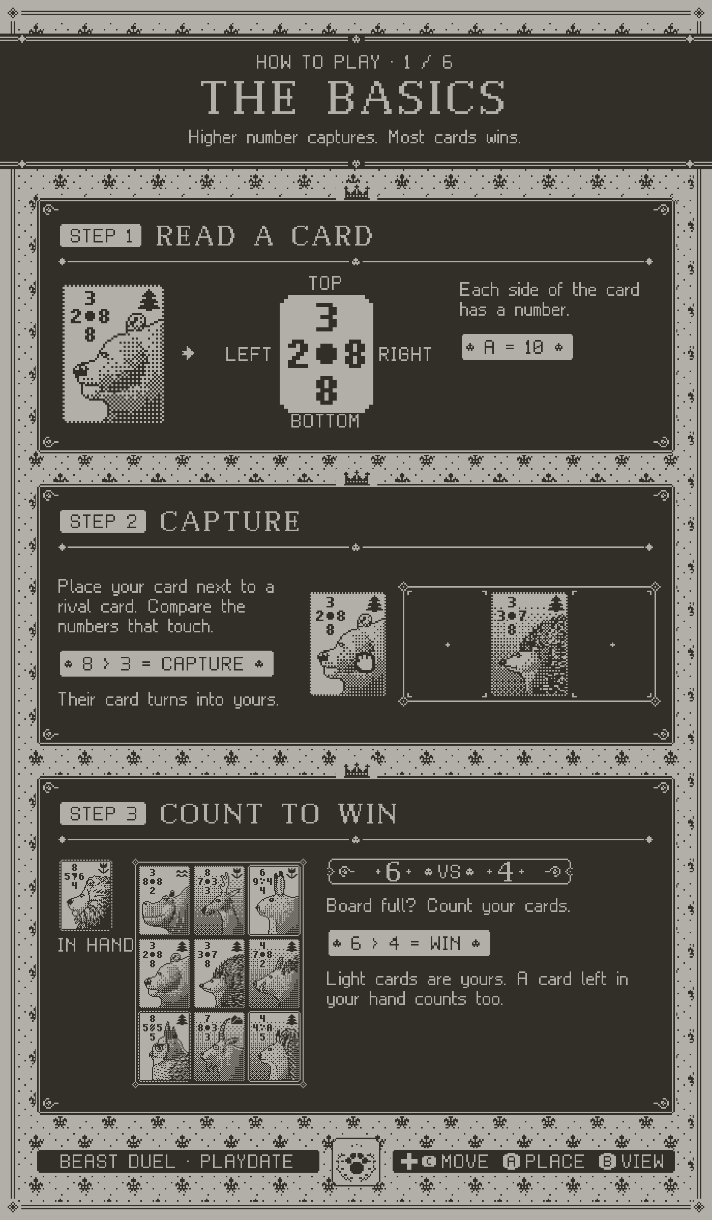 How to play, page 1, the basics. Step 1: read a card. Step 2: capture. Step 3: count to win.