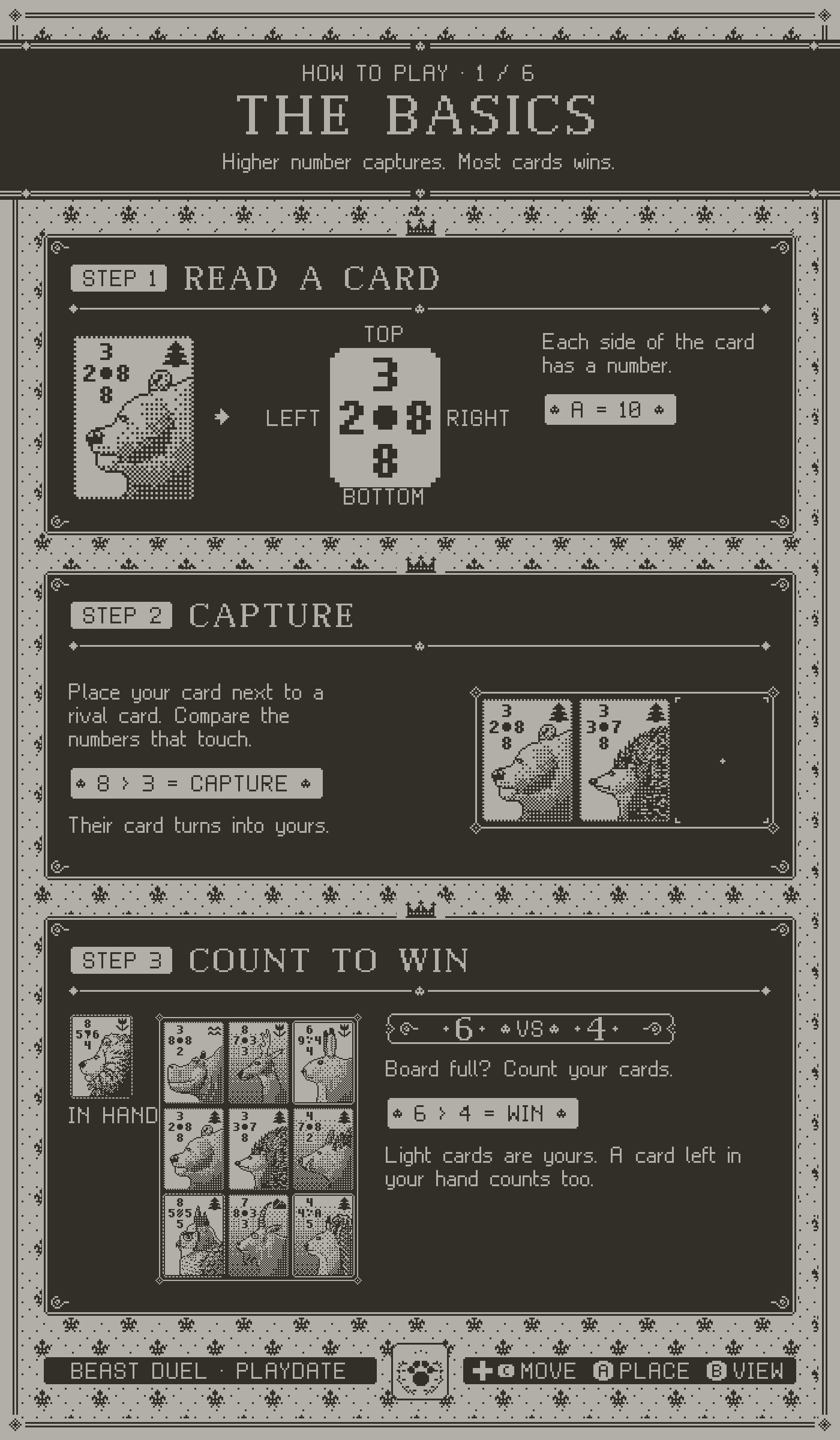 How to play, page 1, the basics. Step 1: read a card. Step 2: capture. Step 3: count to win.