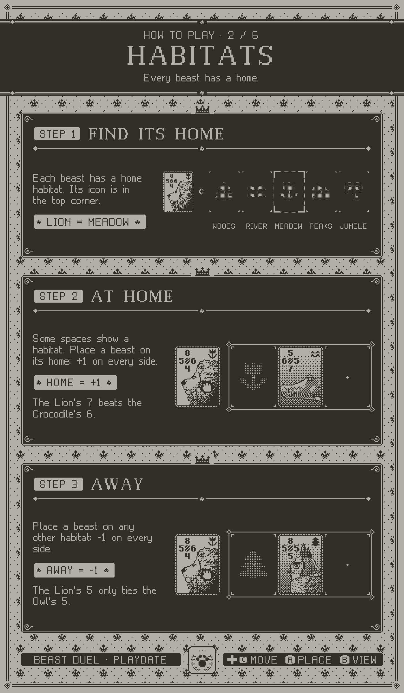 How to play, page 2, habitats. Step 1: find a beast's home. Step 2: at home it gains 1 on every side. Step 3: away it loses 1.