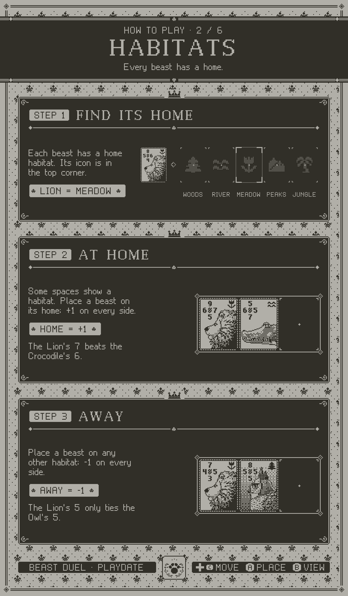 How to play, page 2, habitats. Step 1: find a beast's home. Step 2: at home it gains 1 on every side. Step 3: away it loses 1.