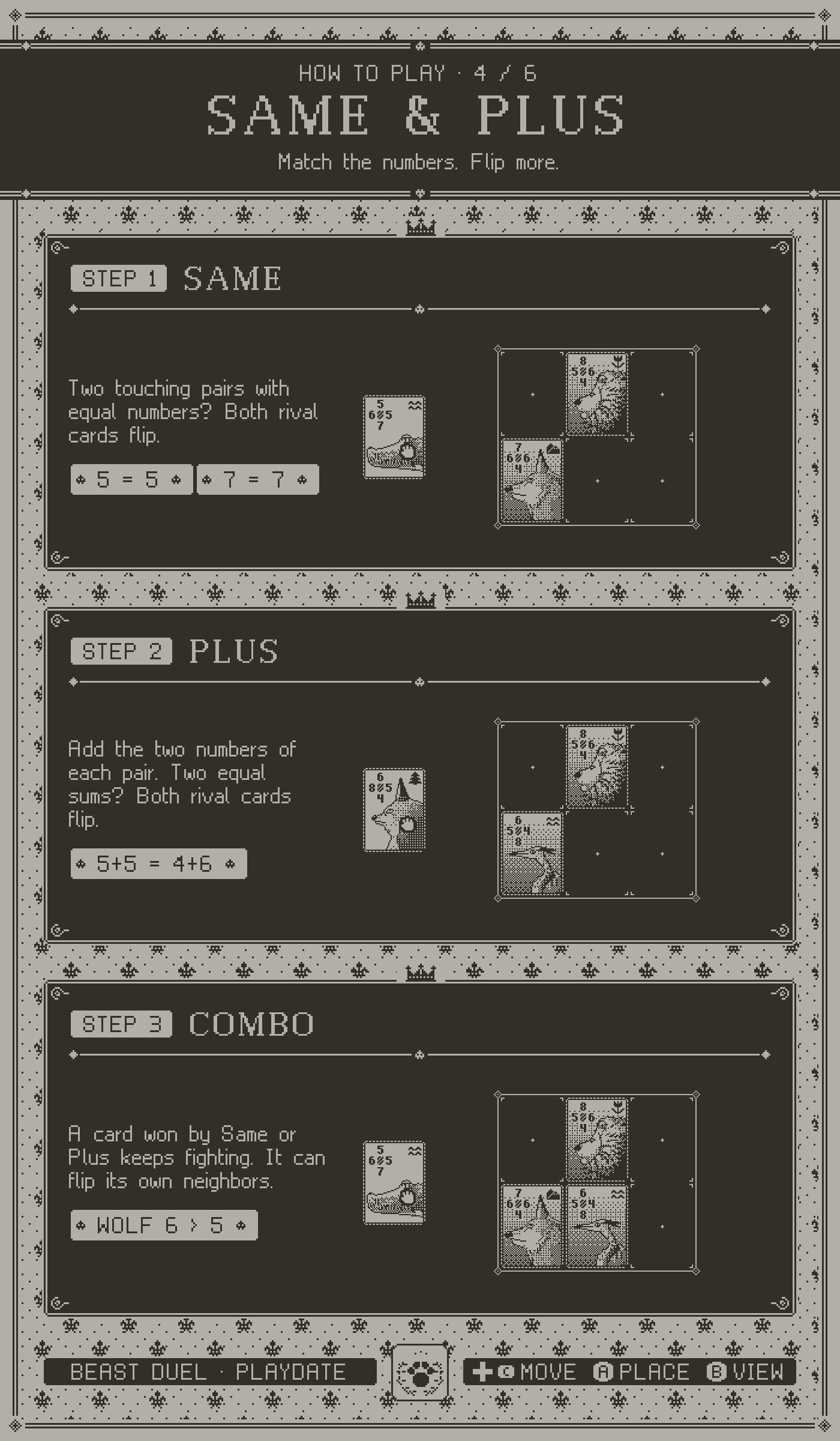 How to play, page 4, Same and Plus. Step 1: Same. Step 2: Plus. Step 3: Combo.