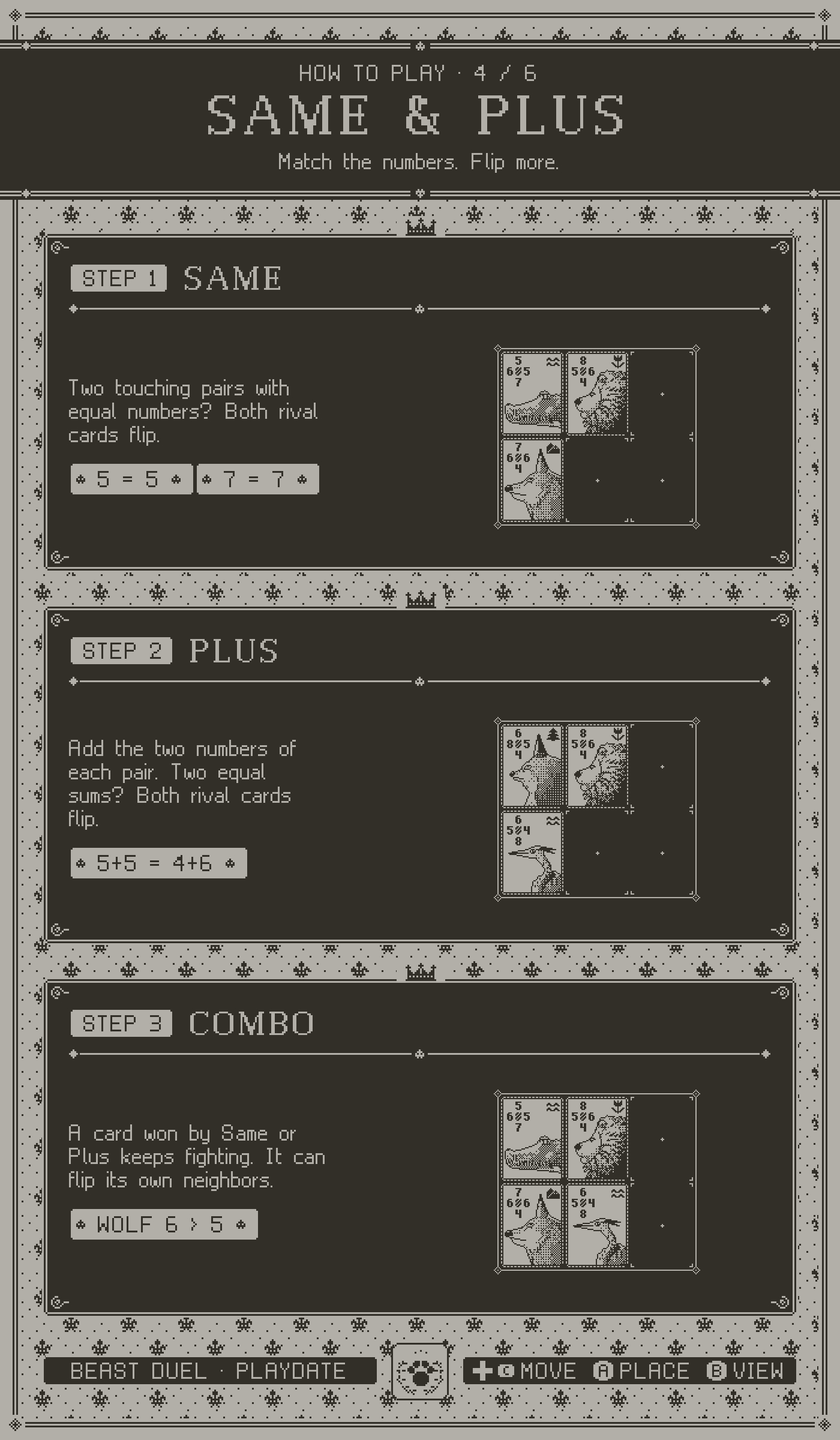 How to play, page 4, Same and Plus. Step 1: Same. Step 2: Plus. Step 3: Combo.