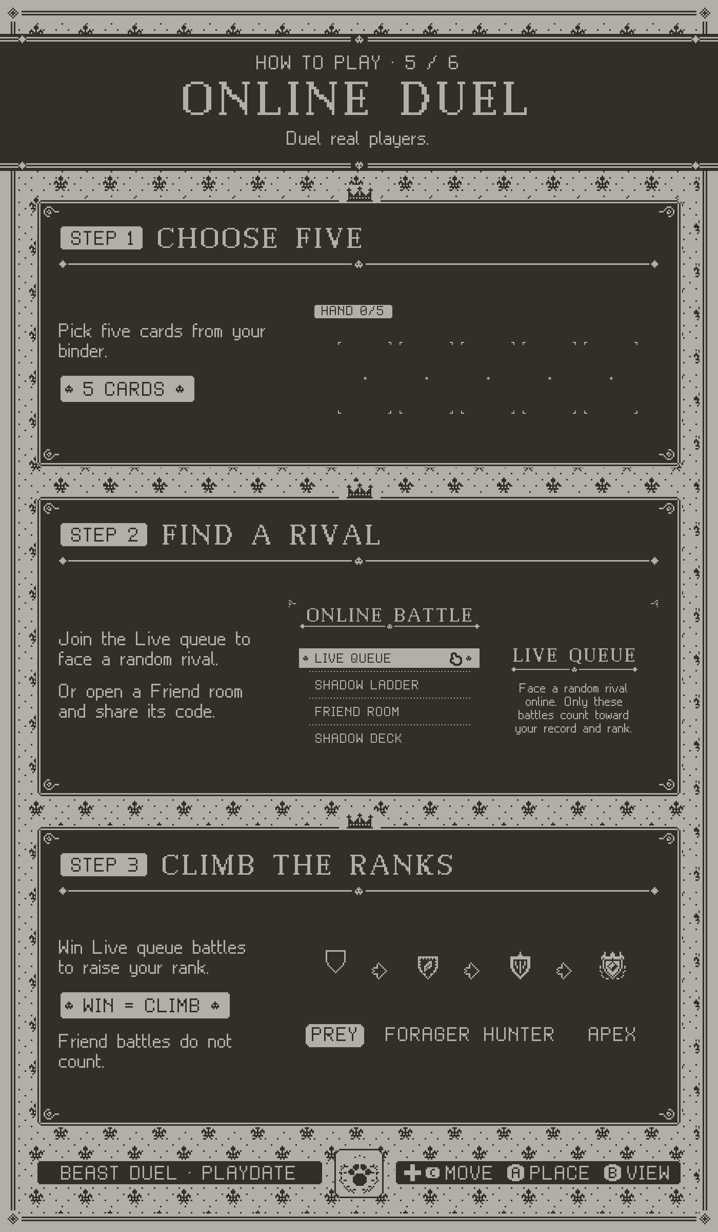 How to play, page 5, online duel. Step 1: choose five cards. Step 2: find a rival. Step 3: climb the ranks.