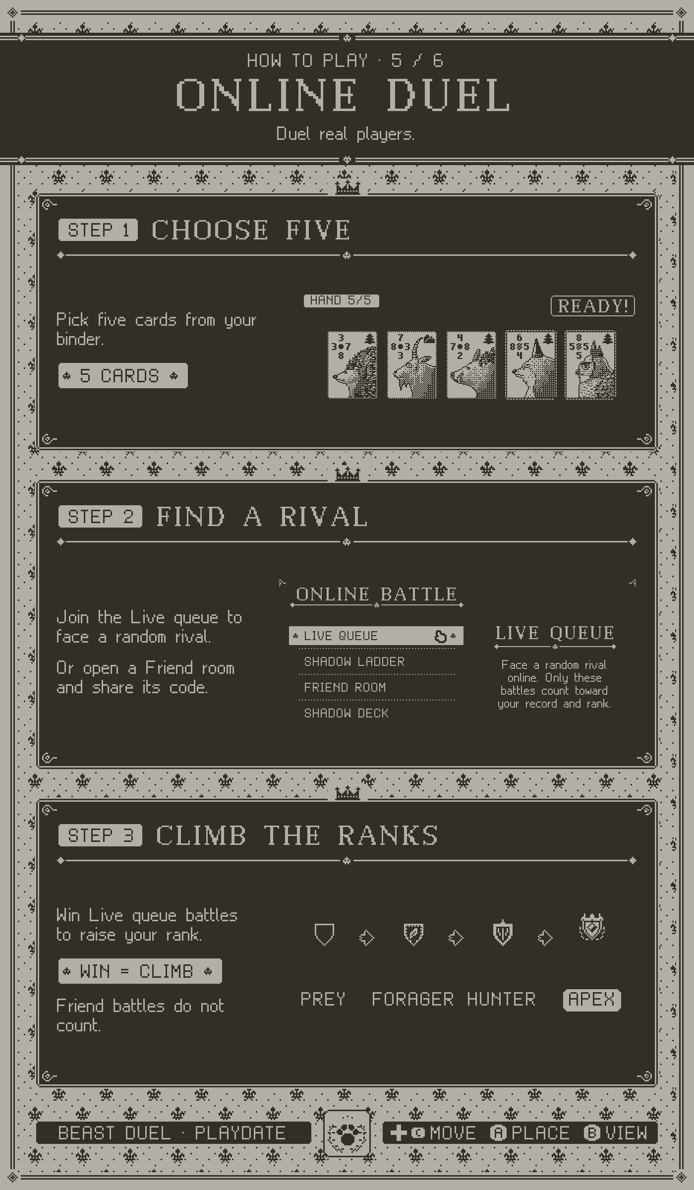 How to play, page 5, online duel. Step 1: choose five cards. Step 2: find a rival. Step 3: climb the ranks.