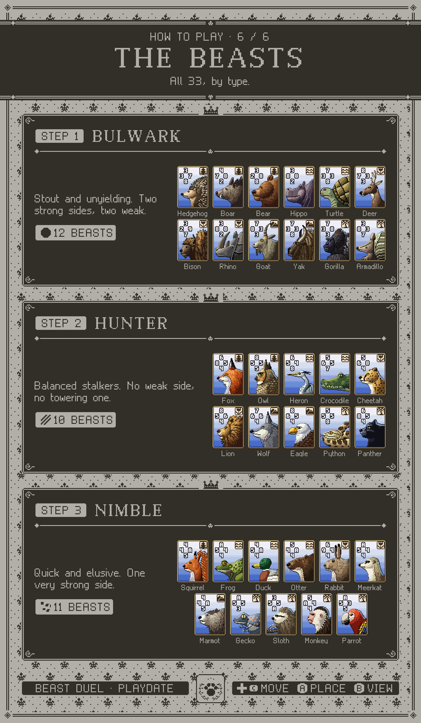 How to play, page 6, all 33 beasts grouped by type: Bulwark, Hunter and Nimble.